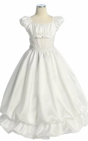 Ankle-Length Split-Front Bowed Lace Flower Girl Dress With Ribbon