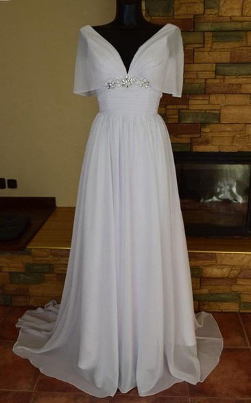 V-Neck A-Line Chiffon Wedding Dress With Ruching and Beading