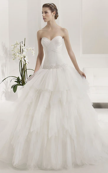 Criss-Cross Sweetheart Appliqued Drop Waist Layered Tulle Bridal Gown