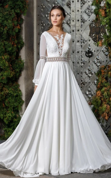 Sexy Scalloped Neck A Line Chiffon Wedding Dress with Appliques