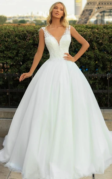 Simple Ball Gown Tulle V-neck Sweep Train Wedding Dress with Appliques
