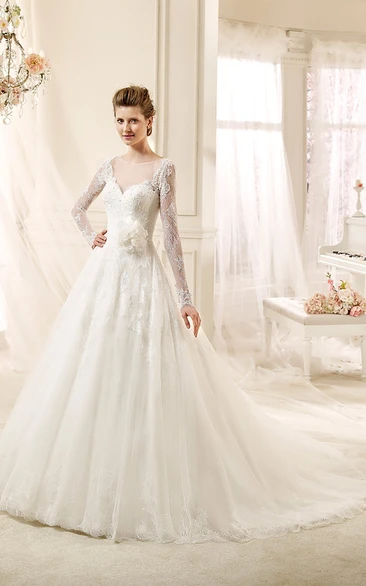 Mature Long-sleeve A-line Wedding Dress with Flower and Illusive Design