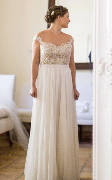 Romantic A-Line Scoop Neck Chiffon Lace Wedding Dress With Button Back And Sequins