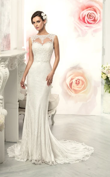 Mermaid Long Jewel Sleeveless Illusion Lace Dress With Appliques And Pleats