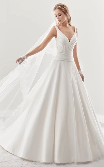 V-Neck A-Line Pleated Bridal Gown With Low-V Back And Brush Train