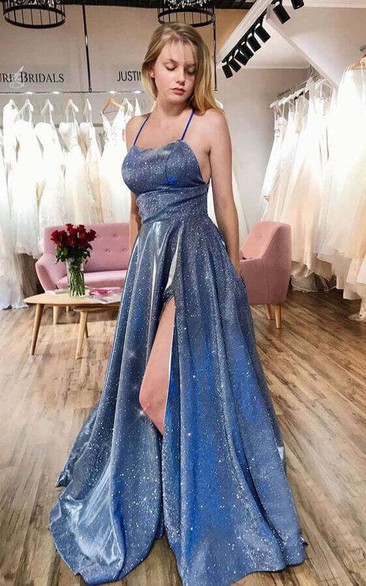 Elegant A Line Sequins Floor-length Formal Dress With Open Back And Spaghetti Neckline