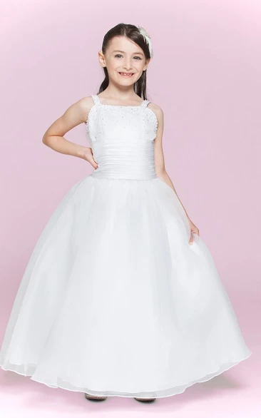 Flower Girl Square Neck Organza Ball Gown With Bandage And Flower