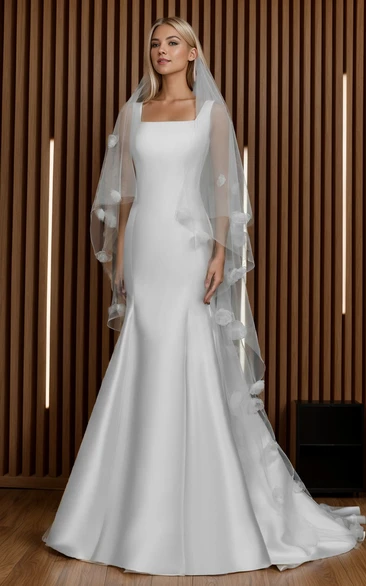 Simple Modest Mermaid Trumpet Square Neck Wedding Dress Romantic Flowy Sleeveless Wide Strap Floor Length Fit and Flare Bridal Gown
