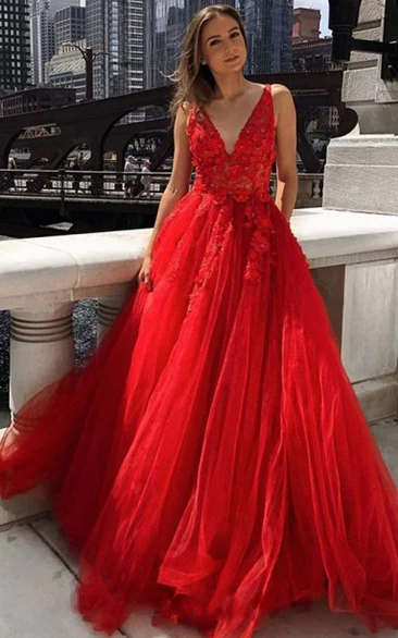 Lace Tulle Sleeveless Ball Gown V-neck Floor-length Prom Dress With Appliques Beading