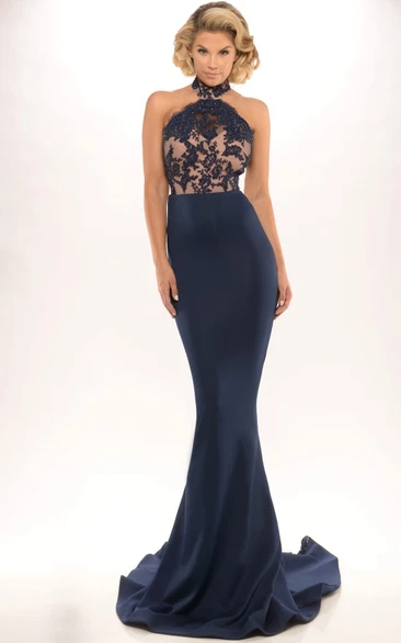 Sheath Sleeveless High Neck Lace Long Jersey Prom Dress With Backless Style And Brush Train