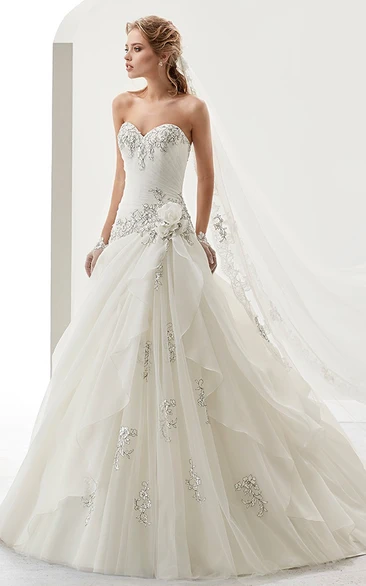 Sweetheart Beaded A-line Bridal Gown with Beaded Flower Embellishment and Ruffles Overlayer