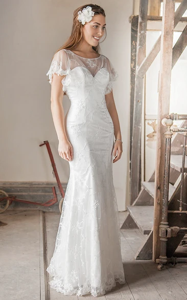 Bateau Floor-Length Appliqued Poet-Sleeve Tulle&Satin Wedding Dress