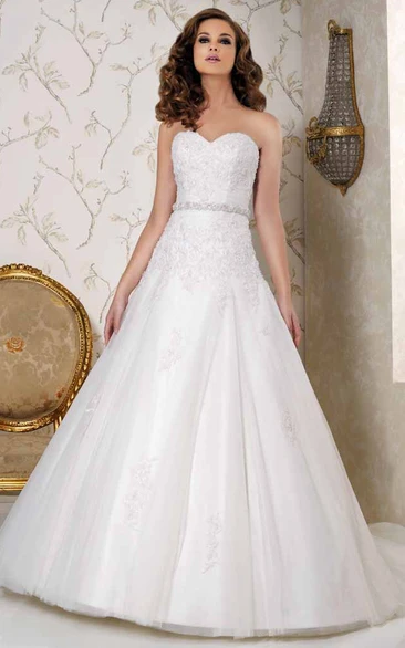 Maxi Sweetheart Appliqued Tulle Wedding Dress With Chapel Train And Backless