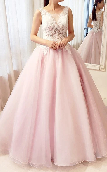 Scoop Lace Tulle Sleeveless Floor-length Ball Gown Prom Dress with Ruffles