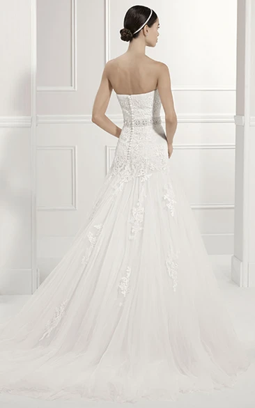 Strapless Tulle Bridal Gown With Crystal Waist And Removable Short Sleeves