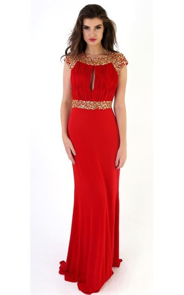 Sheath Long Cap-Sleeve Beaded Scoop Jersey Prom Dress With Keyhole Back And Ruching