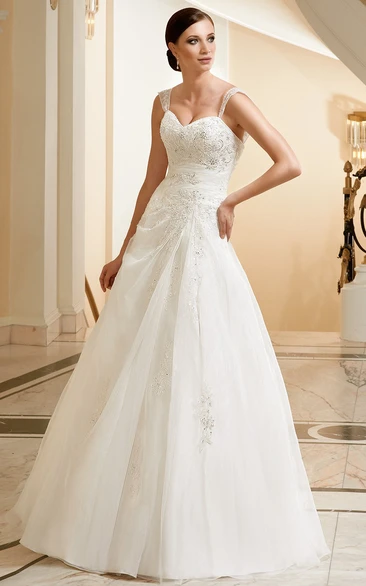 A-Line Sleeveless Appliqued Strapped Floor-Length Lace&Satin Wedding Dress With Draping