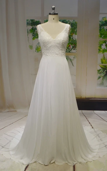 Lace Top V-neck Sleeveless V-back Buttons Chiffon A-line Wedding Dress