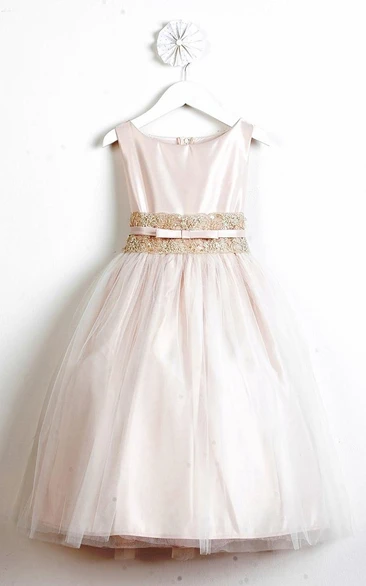 Tea-Length Bowed Tiered Tulle&Lace Flower Girl Dress With Sash