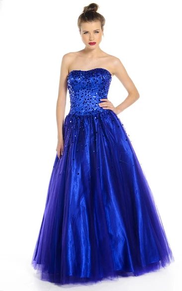 A-Line Sleeveless Long Sequined Strapless Tulle Prom Dress With Corset Back And Bow