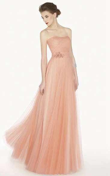 Empire Strapless A-Line Tulle Long Prom Dress With Floral Satin Sash