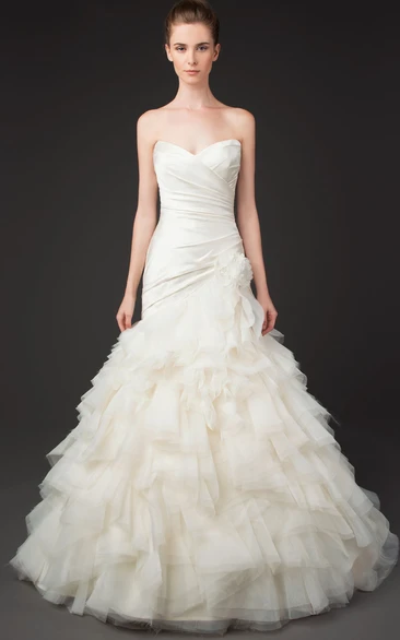 Mermaid Sweetheart Tulle Wedding Dress With Criss Cross And Cascading Ruffles