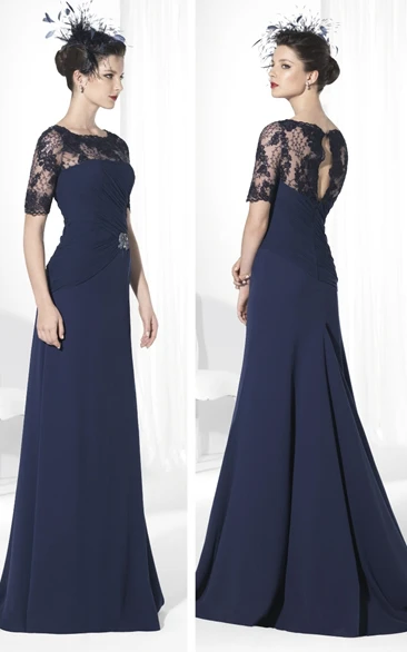 Sheath Bateau-Neck Floor-Length Short-Sleeve Lace Chiffon Prom Dress With Broach