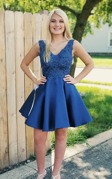 Satin A Line Satin V-neck Homecoming Dress With Appliques And Open Back
