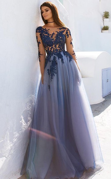 Lace Tulle Long Sleeve A Line Bateau Floor-length Evening Dress With Appliques