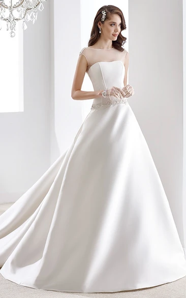 A-line Illusion Satin Wedding Dress with Beaded Belt and Keyhole Back