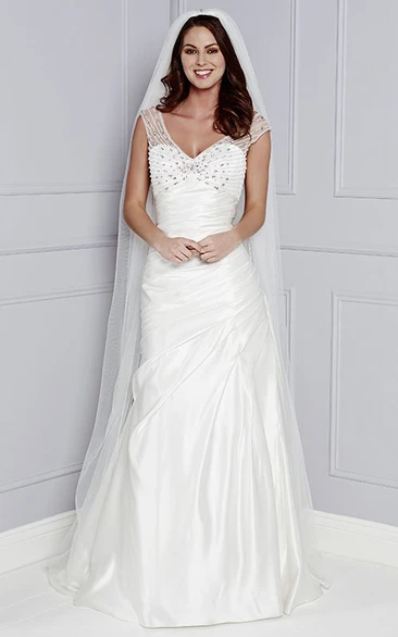 A-Line Cap-Sleeve Floor-Length Beaded V-Neck Taffeta Wedding Dress With Ruching And Side Draping