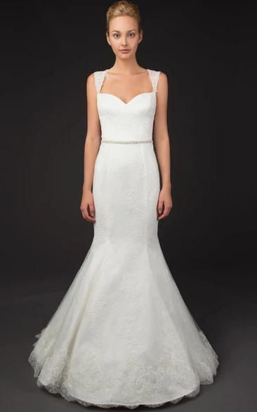 Mermaid Appliqued Floor-Length Sleeveless Queen-Anne Lace Wedding Dress With Illusion Back And Waist Jewellery