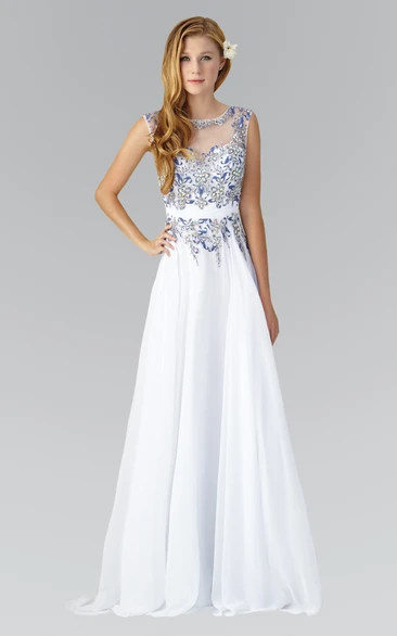 A-Line Scoop-Neck Sleeveless Chiffon Dress With Beading And Embroidery