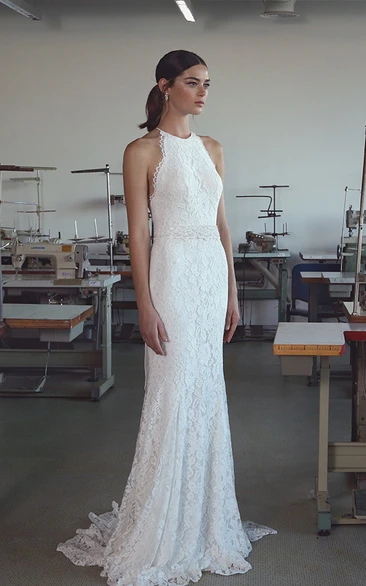 Ethereal Lace Halter Long Bridal Gown with Bow and Sweep Train