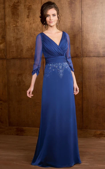 Sheath 3-4-Sleeve Floor-Length V-Neck Ruched Jersey Mother Of The Bride Dress With Beading