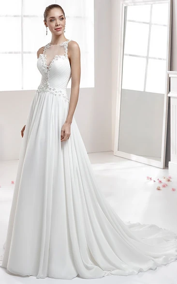 Jewel-Neck Draping Chiffon Wedding Dress With Illusive Neckline And Beaded Bodice