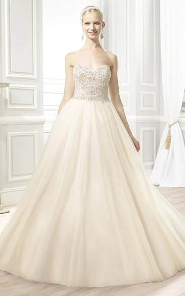 Ball Gown Pleated Sweetheart Maxi Tulle Wedding Dress With Beading And V Back
