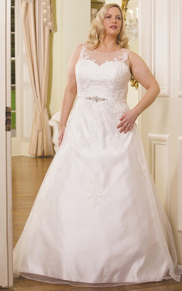 A-Line Scoop-Neck Sleeveless Appliqued Floor-Length Satin Plus Size Wedding Dress With Waist Jewellery