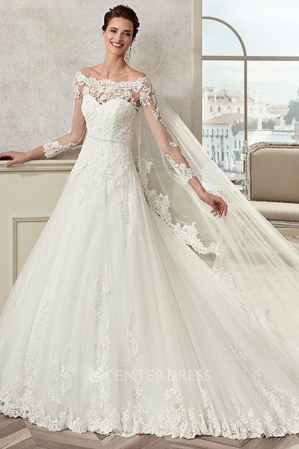 Off-Shoulder Long-Sleeve A-Line Bridal Gown With Illusive Design And ...