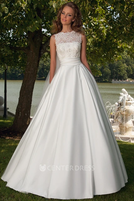 Ball-Gown Lace Jewel Sleeveless Floor-Length Satin Wedding Dress With ...