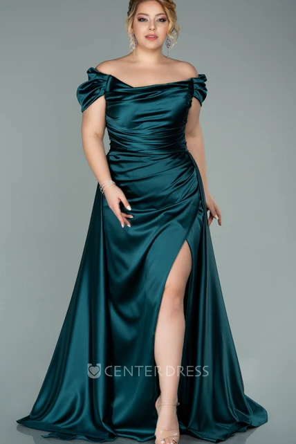 Elegant A Line Satin Prom Dress with Split Front and Ruching - UCenter ...
