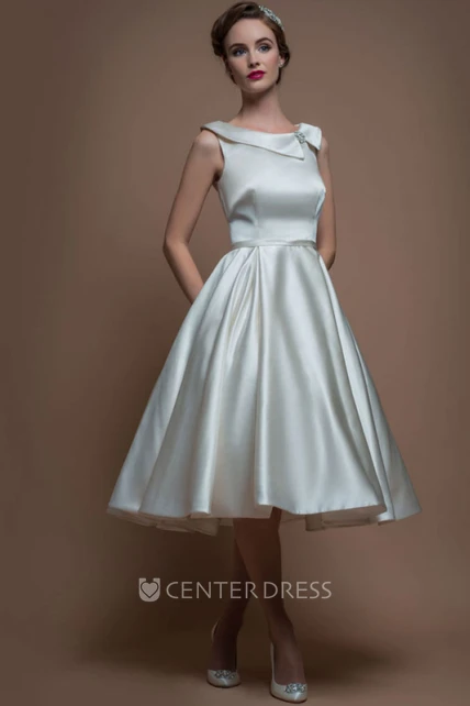 A-Line Sleeveless Tea-Length Bateau-Neck Satin Wedding Dress With ...