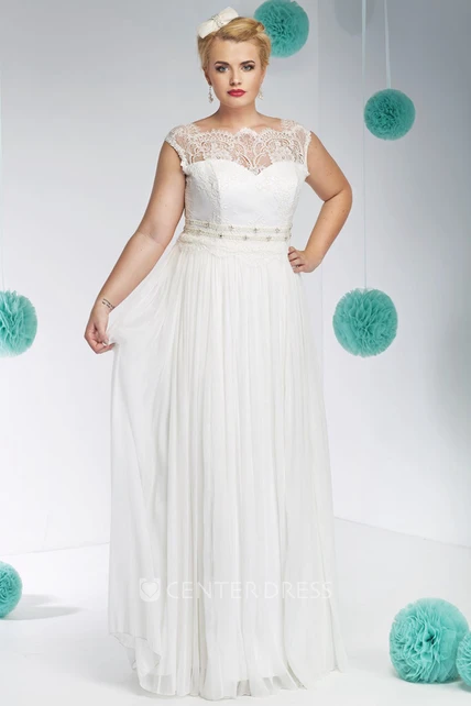 Bateau-Neck Long Jeweled Tulle&Lace Plus Size Wedding Dress - UCenter Dress