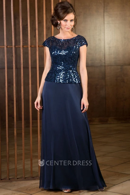 Cap-Sleeved A-Line Long Mother Of The Bride Dress With Sequined Bodice ...