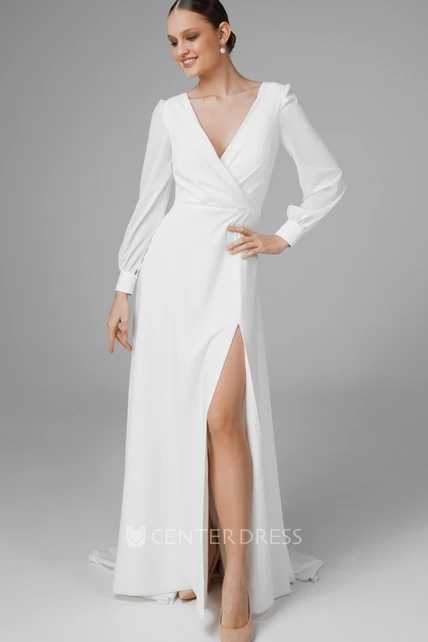 Elegant V Neck A Line Chiffon Sweep Train Wedding Dress With Split Front Ucenter Dress 0694