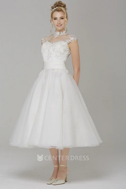 A-Line High Neck Cap-Sleeve Tea-Length Tulle Wedding Dress With ...