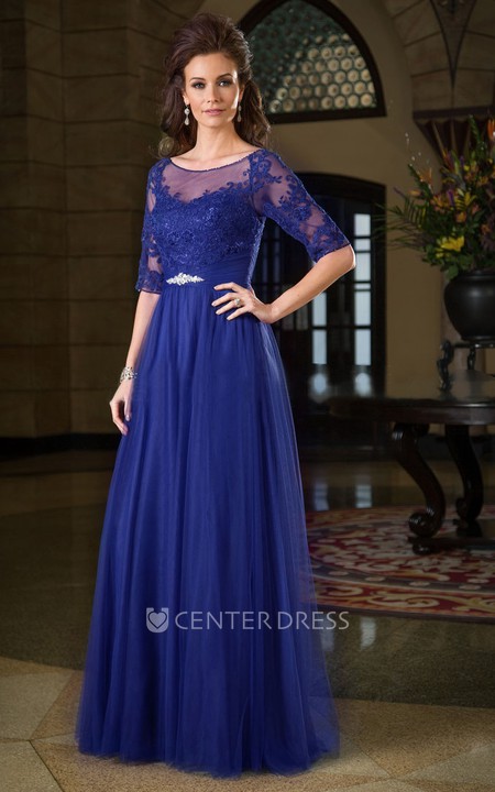 Half-Sleeved A-Line Gown With Appliques And Pleats - UCenter Dress