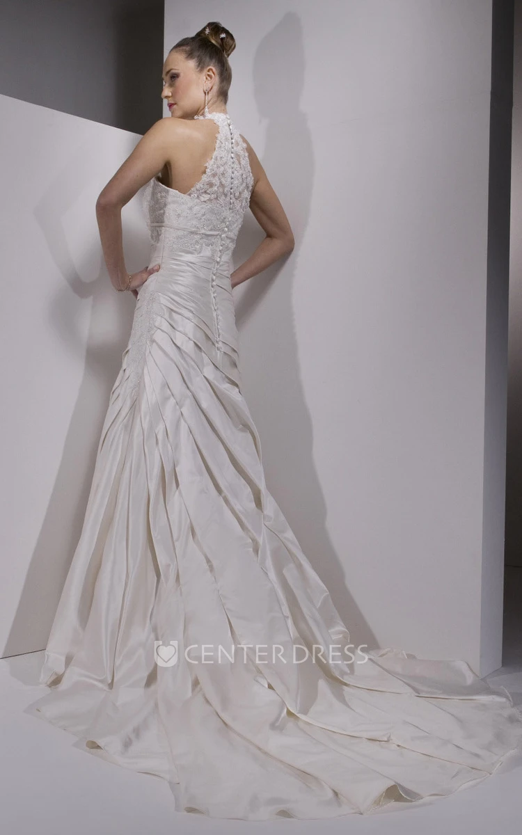 Sheath Sleeveless High Neck Floor-Length Side-Draped Satin Wedding Dress With Illusion Back And Appliques