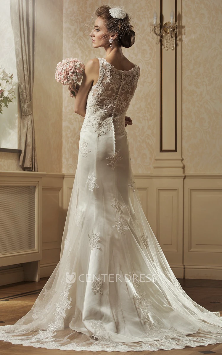 A-Line Square-Neck Floor-Length Sleeveless Appliqued Lace Wedding Dress