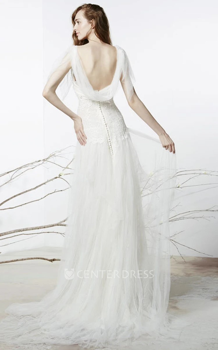 A-Line Lace Strapless Poet-Sleeve Floor-Length Tulle Wedding Dress With Low-V Back And Sweep Train